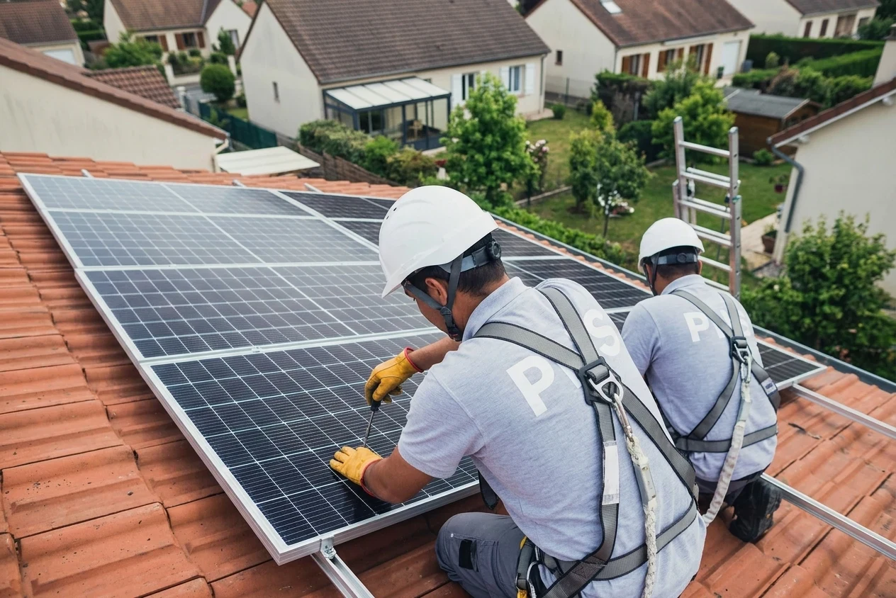 Équipe PNS installant des panneaux solaires sur une toiture à Meaux